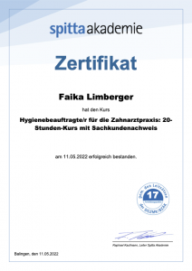 Zertifikat Hygienebeauftrage Faika Limberger